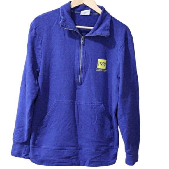 Calvin Klein Blue 1/4 Zip Pullover Kangaroo Pocket Sweatshirt Medium 1981 Logo - Picture 1 of 8